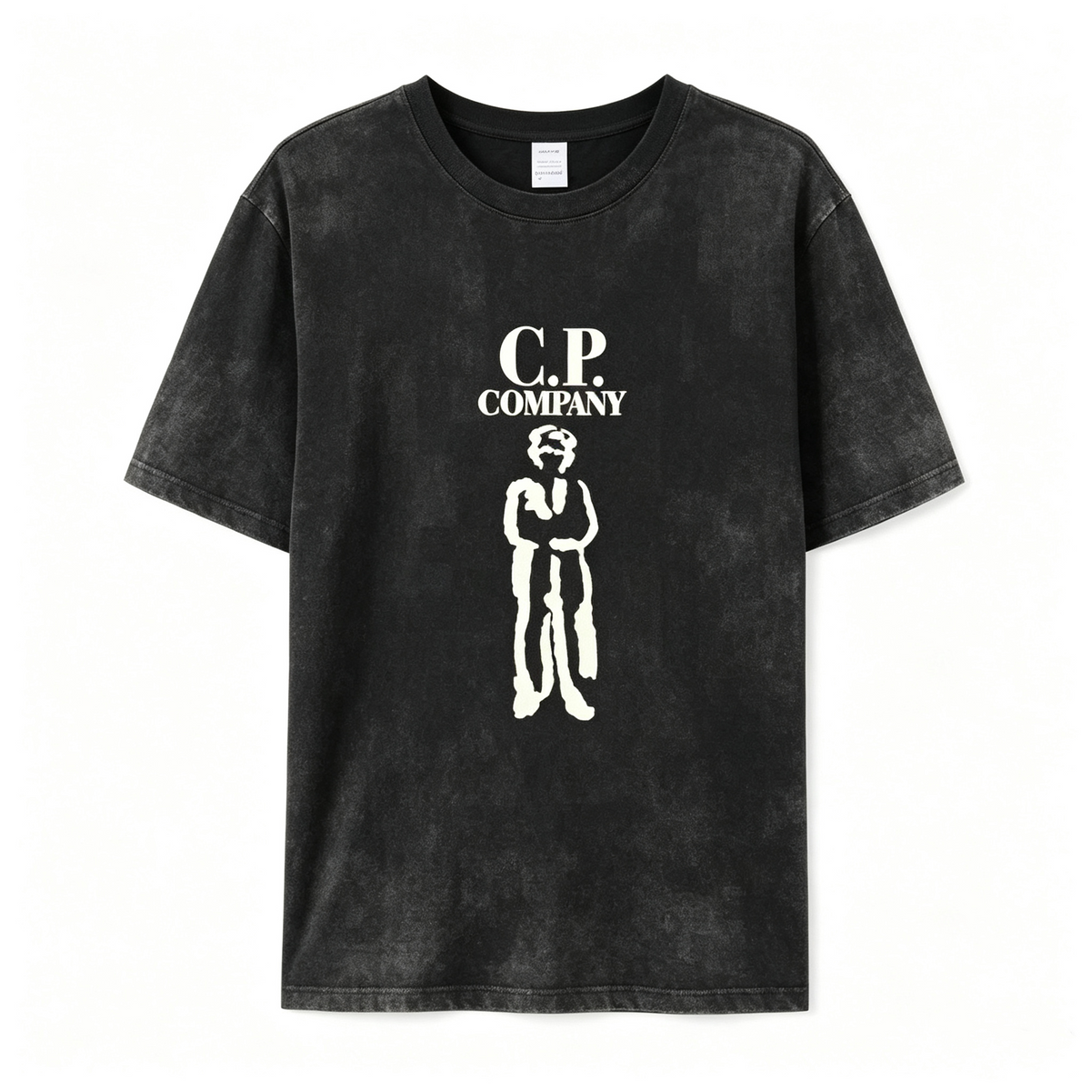 Women's American Streetwear Style Washed Black T-Shirt – Distressed Finish, "C.P." Letter & Portrait Print, Oversized Drop-Shoulder Fit