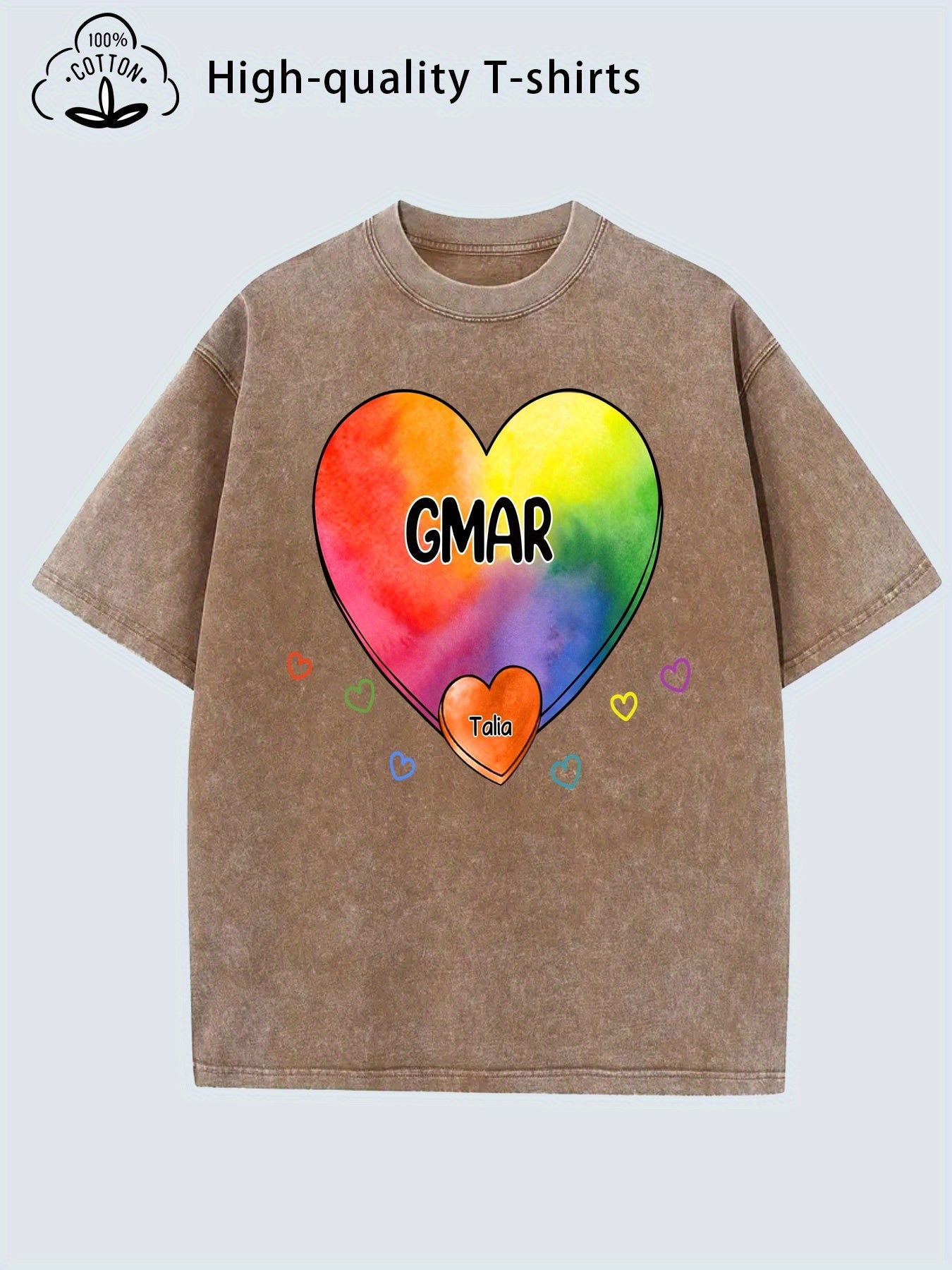 Women's Heavy Vintage Distressed Long Oversized Vintage 80s/90s Style Short Sleeve Top with Colorful Heart and GMAR Letter Print Soft Breathable Fabric Casual Loose Fit Machine Washable(Do Not Tumble Dry) 80s/90s Nostalgic Style Round Neck Loose Fit