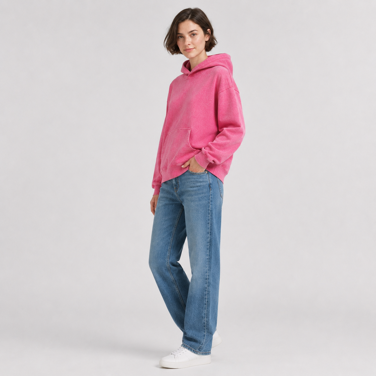 Vintage-wash distressed hooded sweatshirt—a versatile, relaxed-fit casual jacket with a laid-back, dropped-shoulder style.