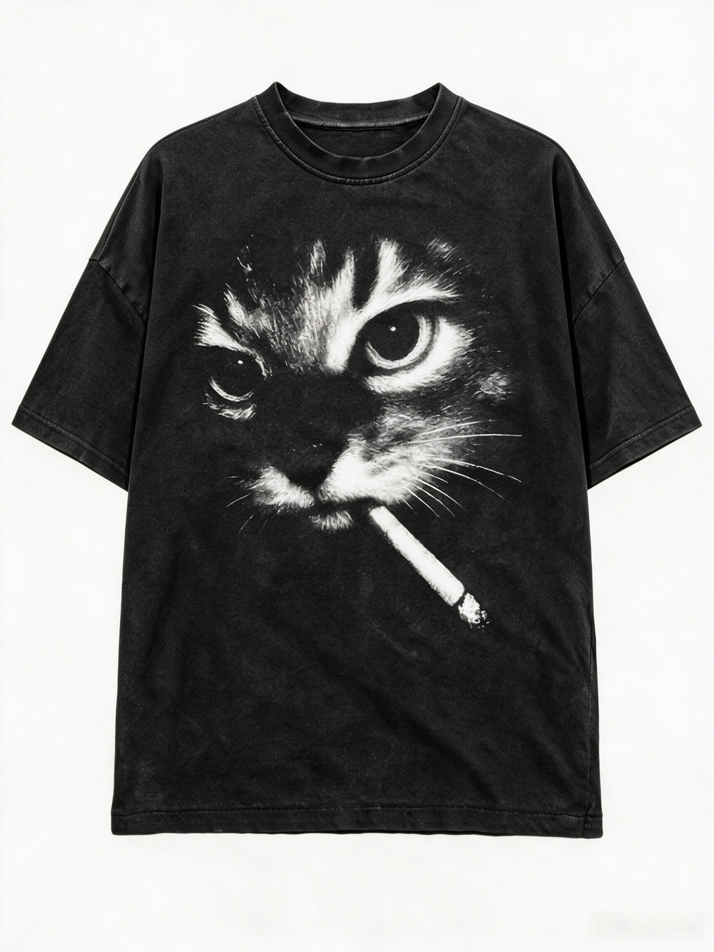 American-style vintage-wash cat print T-shirt; heavyweight pure cotton, oversized loose fit; distinctive high-street retro streetwear top.