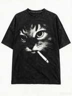 American-style vintage-wash cat print T-shirt; heavyweight pure cotton, oversized loose fit; distinctive high-street retro streetwear top.