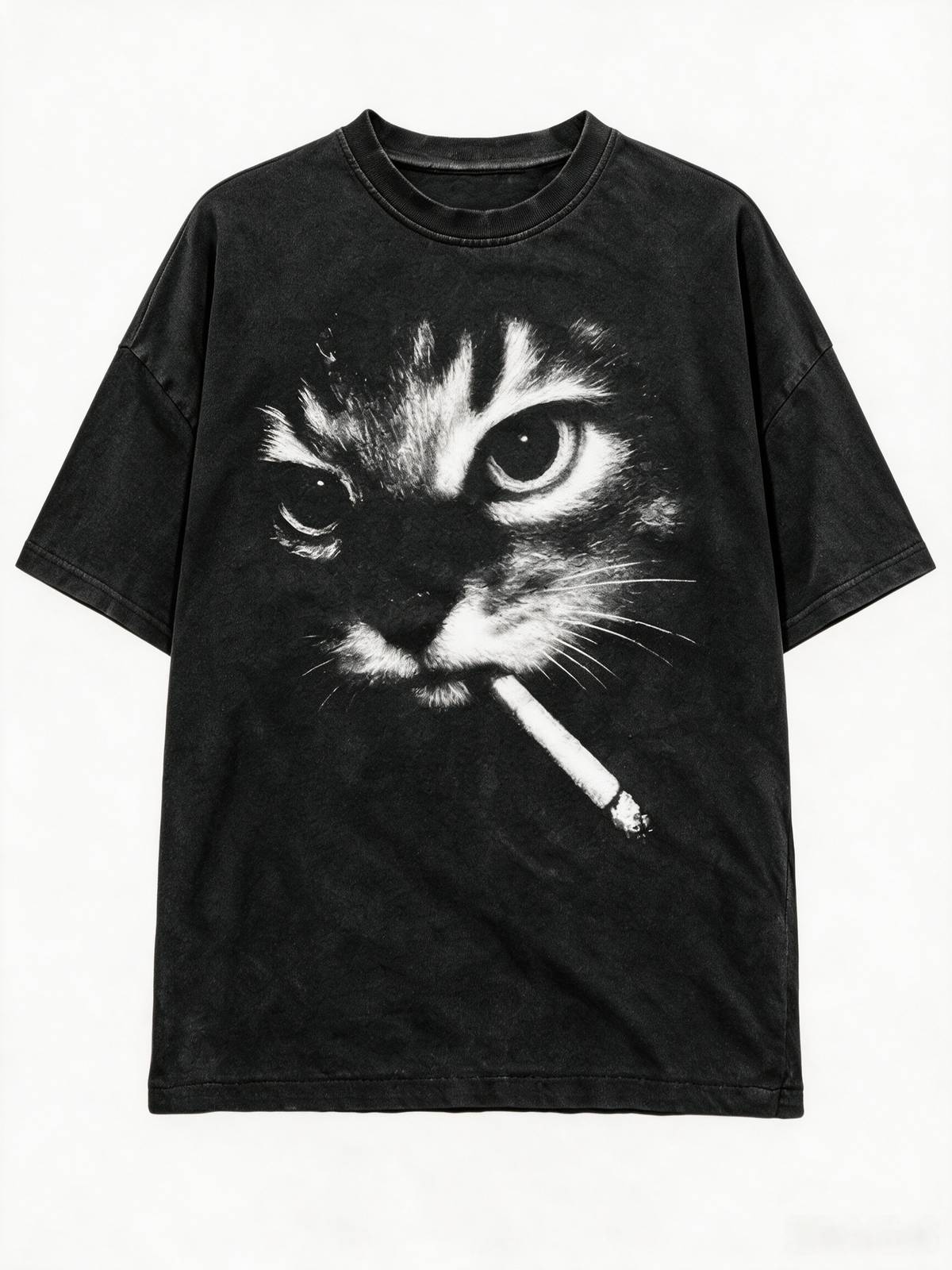 American-style vintage-wash cat print T-shirt; heavyweight pure cotton, oversized loose fit; distinctive high-street retro streetwear top.