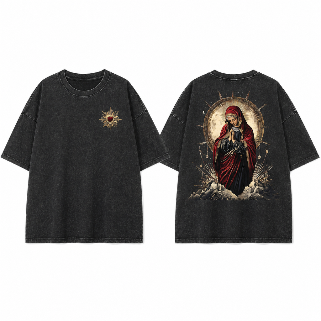 American-style vintage-wash heavyweight T-shirt featuring a Sacred Heart of the Virgin Mary print; unisex, loose-fitting, Gothic retro style.