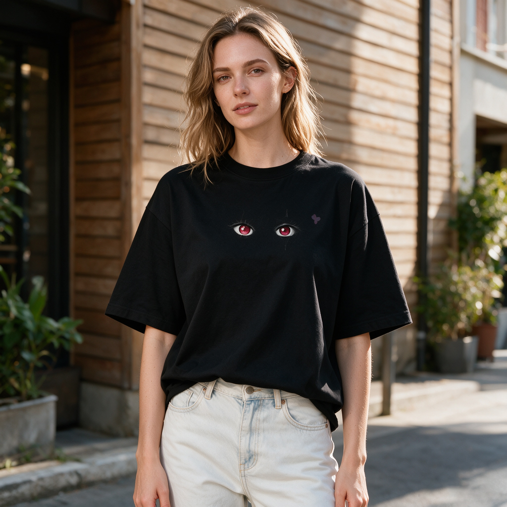 Pure Cotton Oversized Short-Sleeve T-Shirt with Double-Sided Anime Eye Print – Street-Style Top for Women/Girls