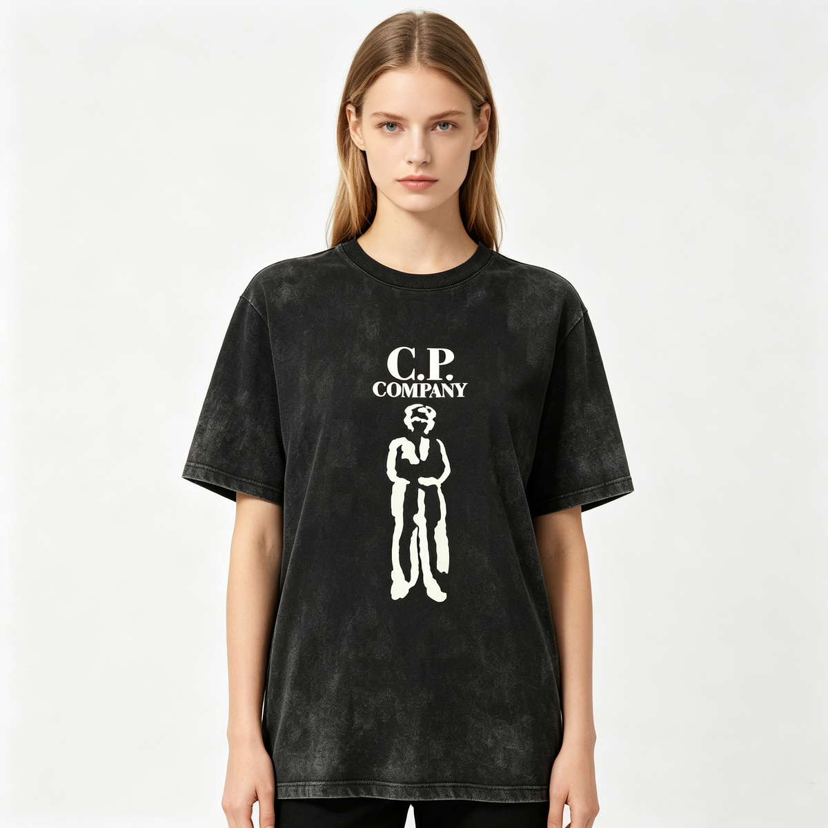 Women's American Streetwear Style Washed Black T-Shirt – Distressed Finish, "C.P." Letter & Portrait Print, Oversized Drop-Shoulder Fit