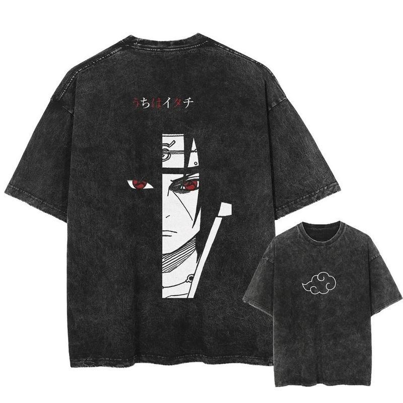 NARUTO Japanese Anime Uchiha Itachi Men's and Women's T-shirts Pure Cotton Washed Old Retro Y2k Harajuku Oversize Short Sleeves Menswear Top