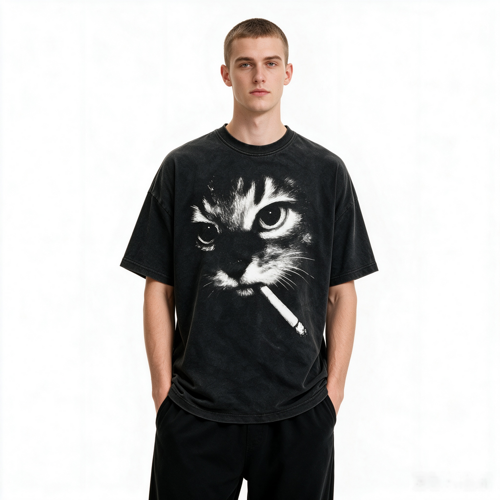 American-style vintage-wash cat print T-shirt; heavyweight pure cotton, oversized loose fit; distinctive high-street retro streetwear top.