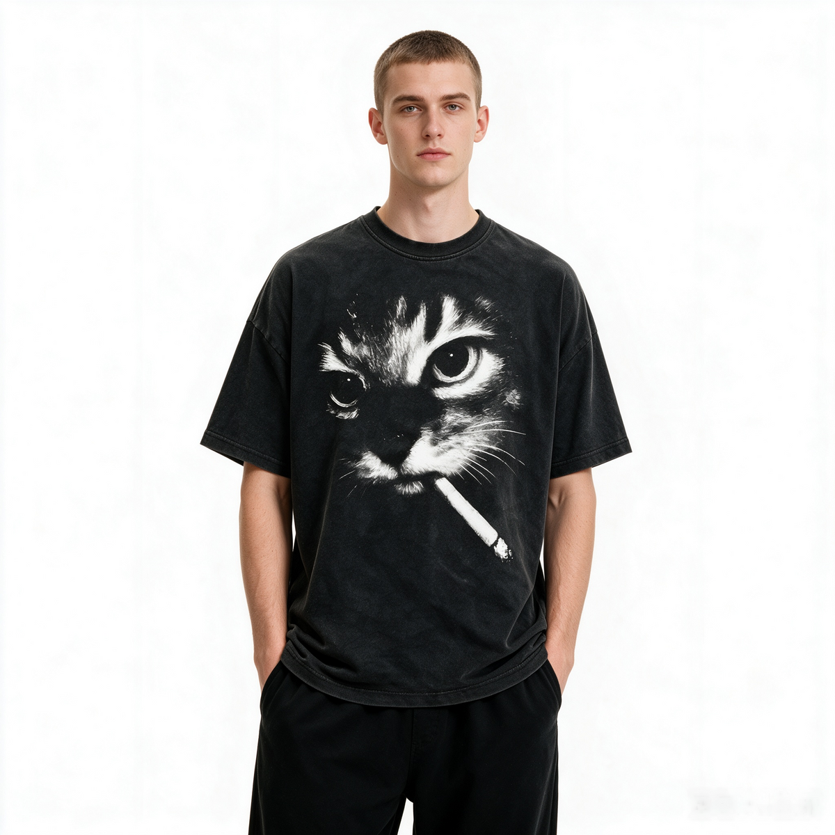 American-style vintage-wash cat print T-shirt; heavyweight pure cotton, oversized loose fit; distinctive high-street retro streetwear top.