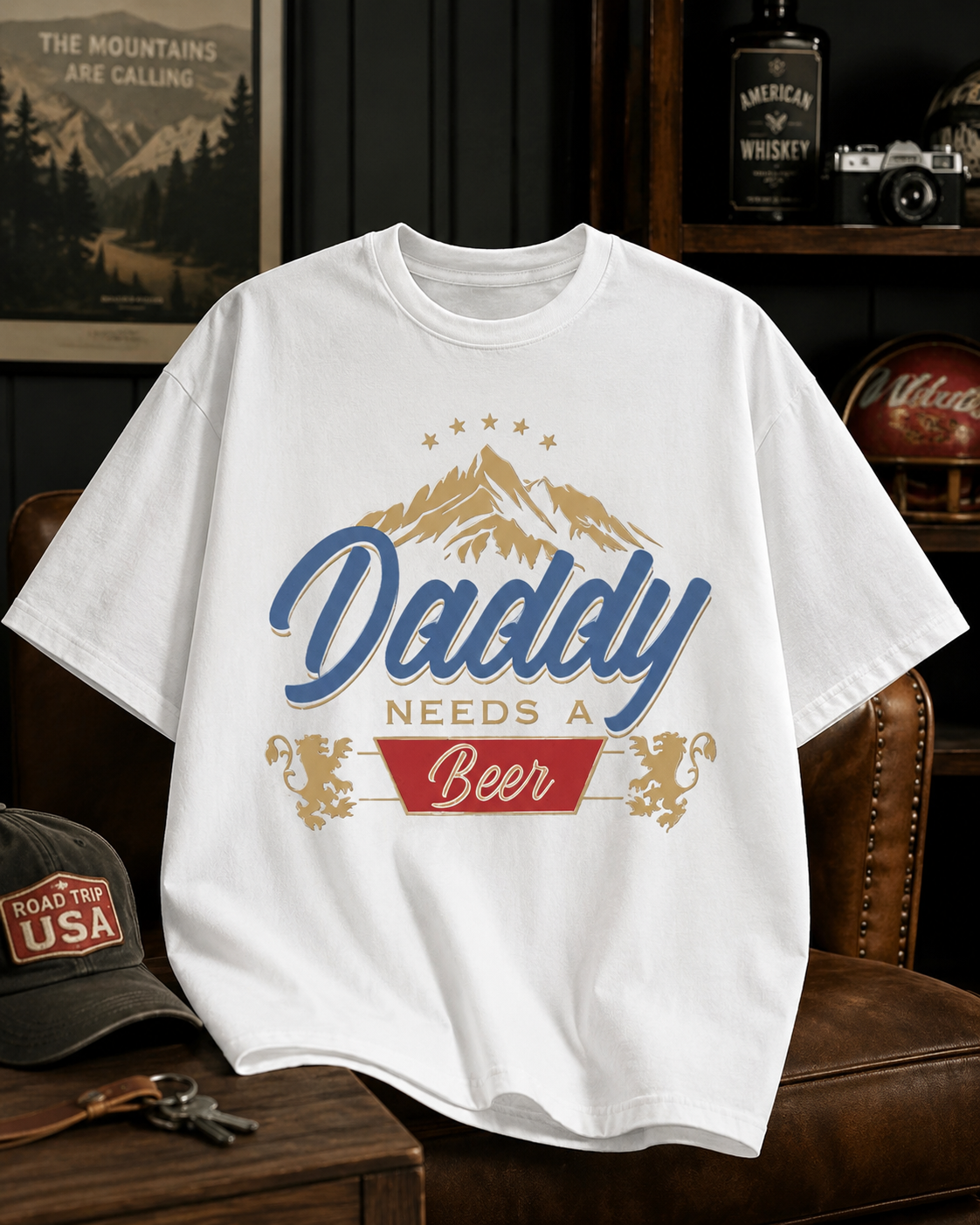 American-style vintage "dirty-wash" T-shirt with a fun slogan; features a distressed, faded finish—a versatile, casual short-sleeve top perfect for Father's Day.