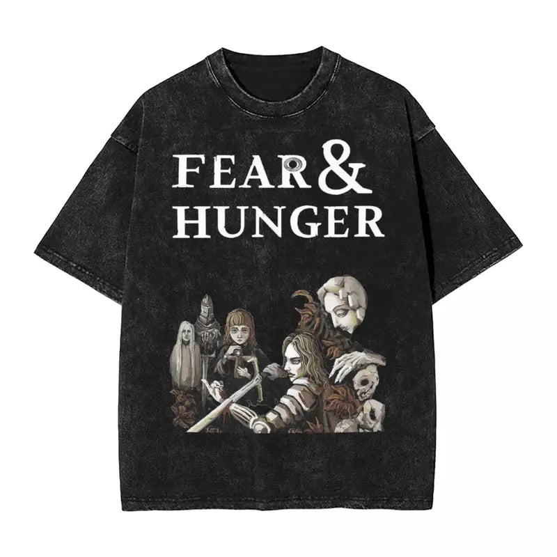 Washed and distressed Fear & Hunger themed short-sleeved T-shirt, American retro heavyweight loose high-street style, oversized, unisex.