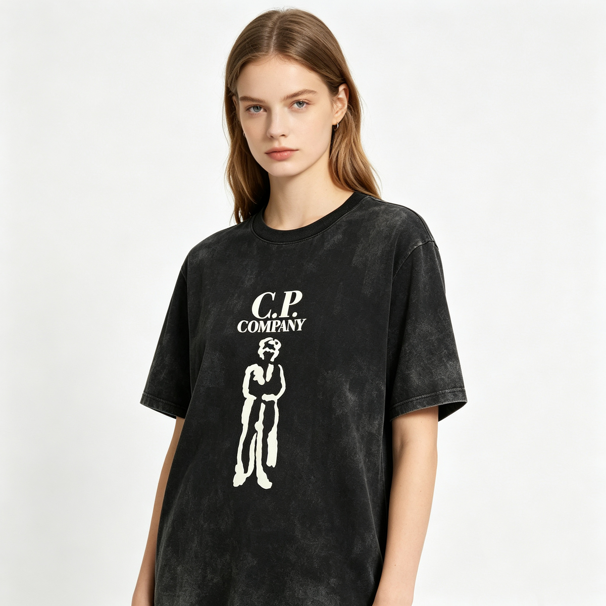 Women's American Streetwear Style Washed Black T-Shirt – Distressed Finish, "C.P." Letter & Portrait Print, Oversized Drop-Shoulder Fit