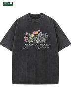 Men's & Unisex 250g Washed Cotton T-Shirt - Loose Fit Short Sleeve Crew Neck with American Style Floral & Motivational Print, Breathable Summer Beach Party Outdoor Shirt, Casual for all-Season Wear (Machine Washable) - Suitable for men,, for all