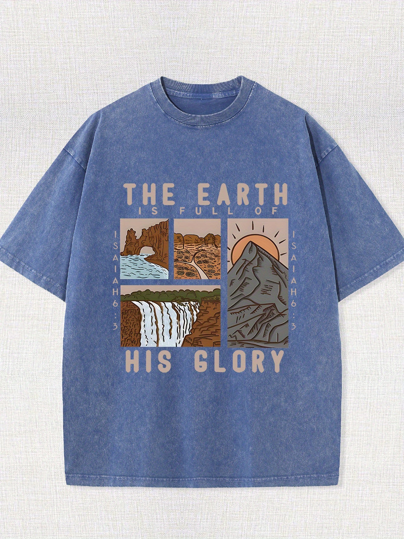 [Casual Style] Men's vintage washed cotton T-shirt - featuring the pattern of "The Earth is His Glory" and mountain and river prints, casual and loose-fitting, breathable short-sleeved T-shirt, suitable for casual wear and outdoor activities, vintage wash