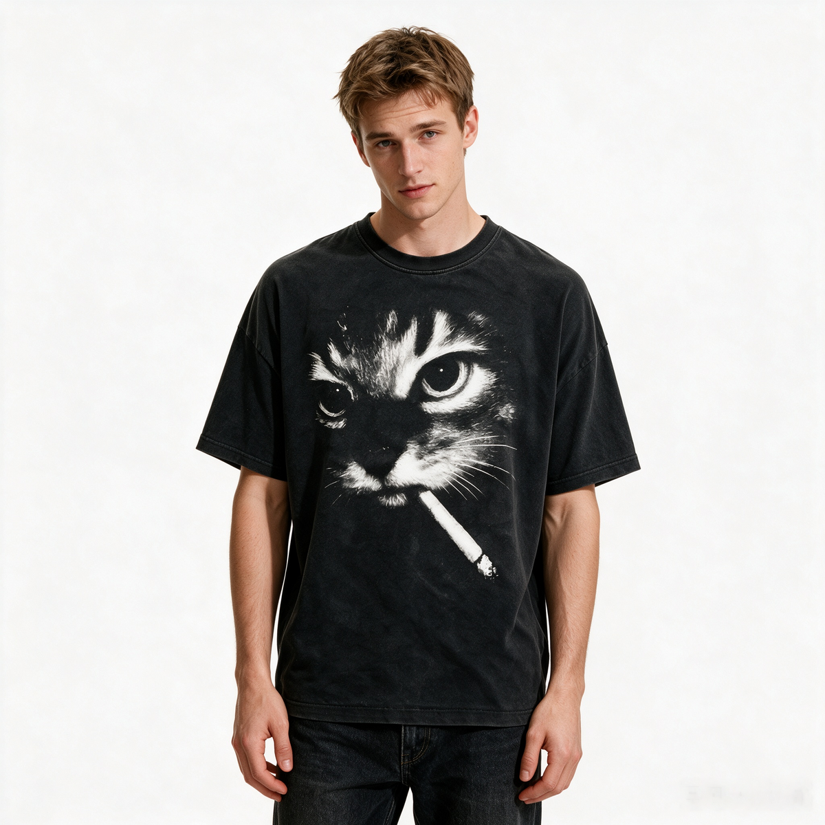 American-style vintage-wash cat print T-shirt; heavyweight pure cotton, oversized loose fit; distinctive high-street retro streetwear top.