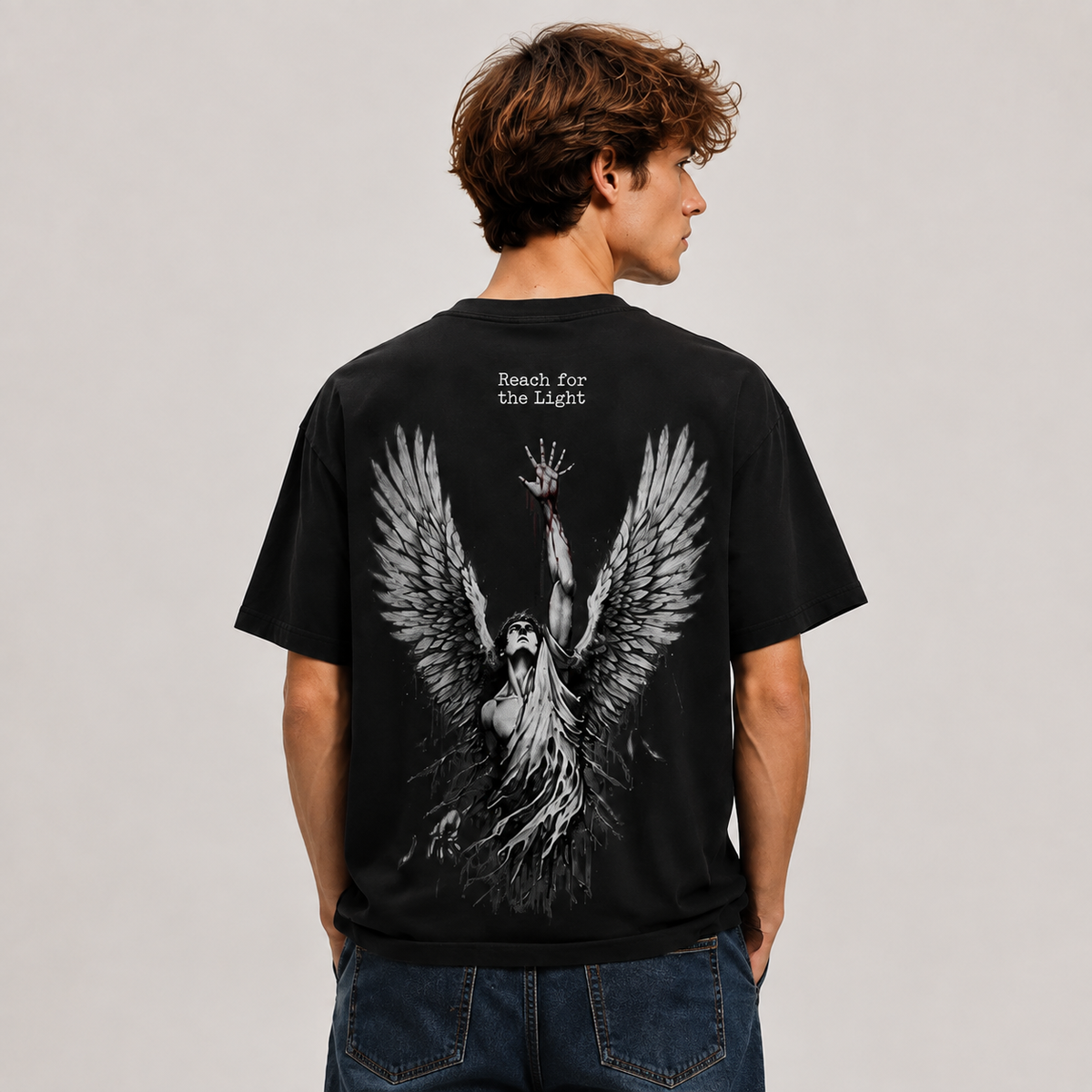 Faith-themed distressed black short-sleeve T-shirt: 100% cotton, oversized, double-sided print, vintage casual religious style.