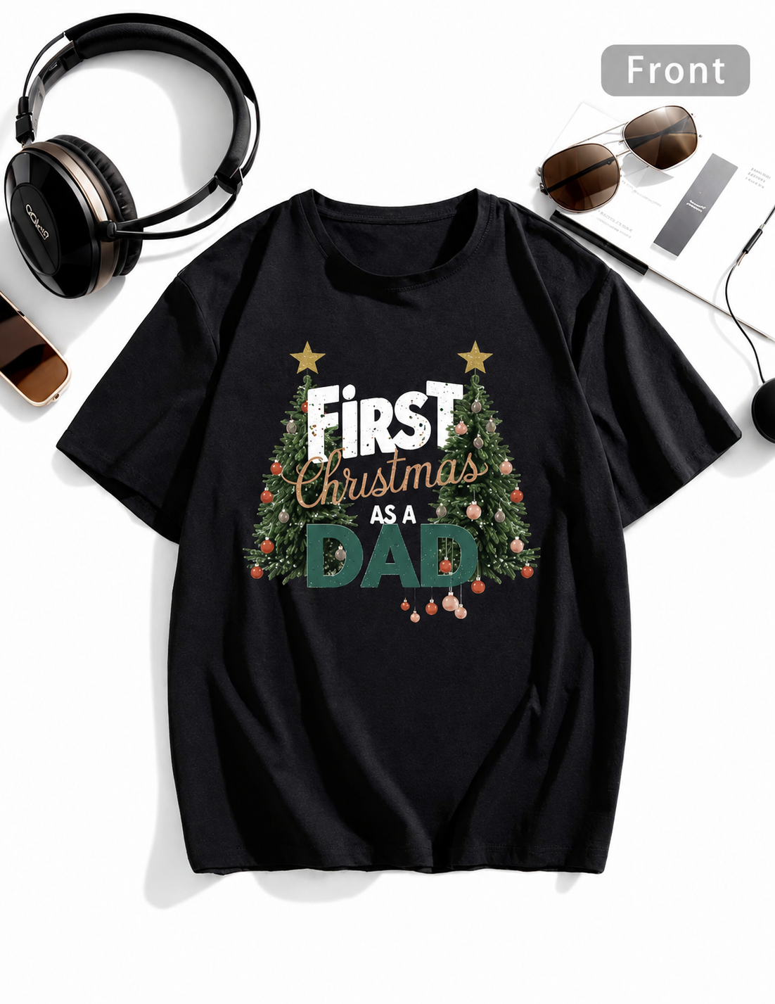 American-style washed retro print short-sleeved T-shirt for new dads' first Christmas - Heavyweight oversized men's holiday commemorative T-shirt.