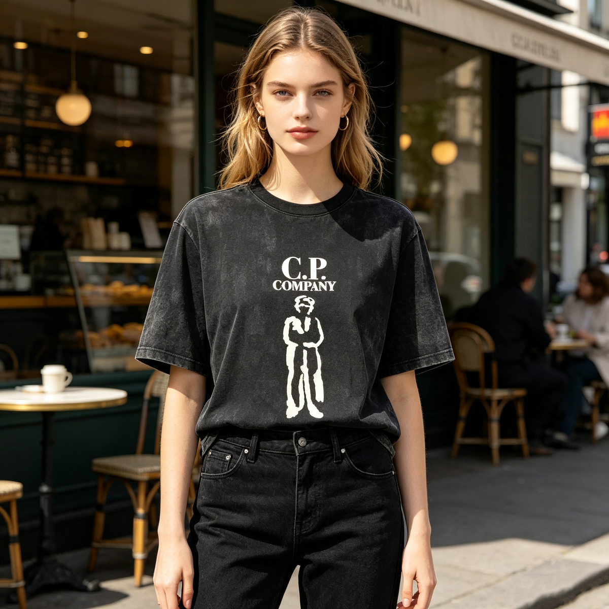 Women's American Streetwear Style Washed Black T-Shirt – Distressed Finish, "C.P." Letter & Portrait Print, Oversized Drop-Shoulder Fit