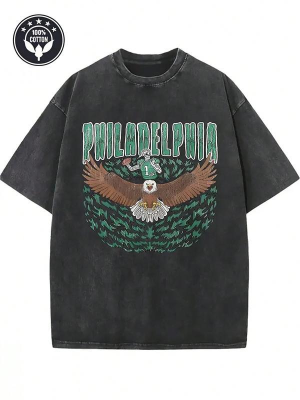 Couples Vintage Washed Print T Shirt Philadelphia Eagle Graphic Embroidered Crew Neck Short Sleeve Oversized Relaxed Fit Straight Hem Design
