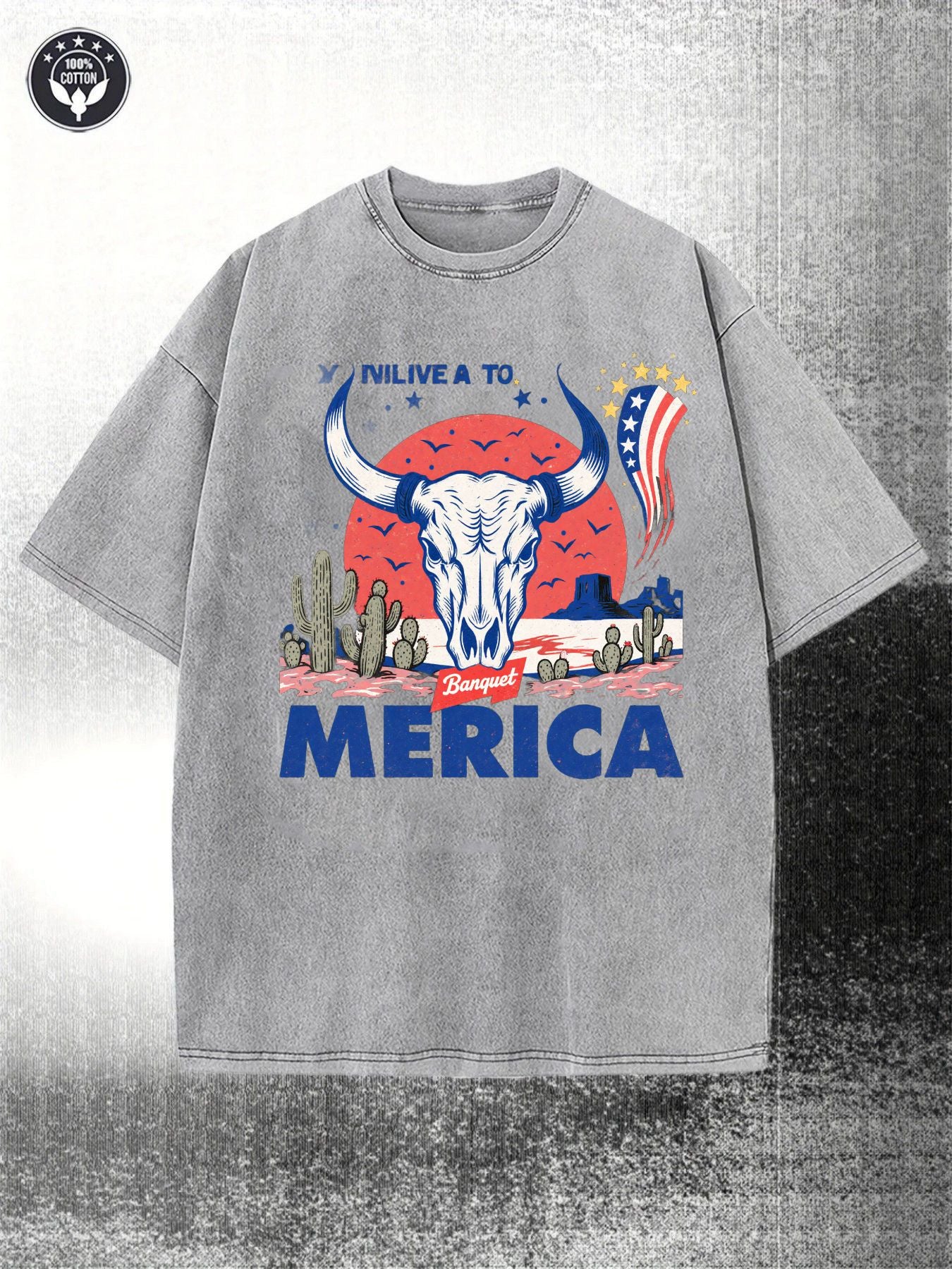 Men's Retro Western Patriotic 230G Heavy Washed with Cow Head and American Flag Pattern, Eye-Catching Merica Letters, Cactus and Cowboy Hat Design Red White Blue Casual Street Style, Suitable for July 4, Barbecue and Outdoor Activities(Re