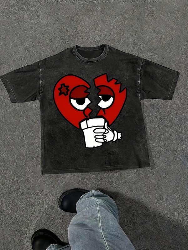Couples Vintage Washed Print T Shirt Heart Split Eyes Coffee Cup Graphic Crew Neck Short Sleeve Regular Fit Straight Hem Design