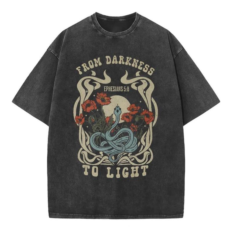 From Darnkess To Light Unisex Vintage Washed Crew Neck Tee Regular Fit Casual Comfort Breathable Short Sleeve Funny T-shirts for Summer Fashion Men&Women's Top for Daily Wear 080804