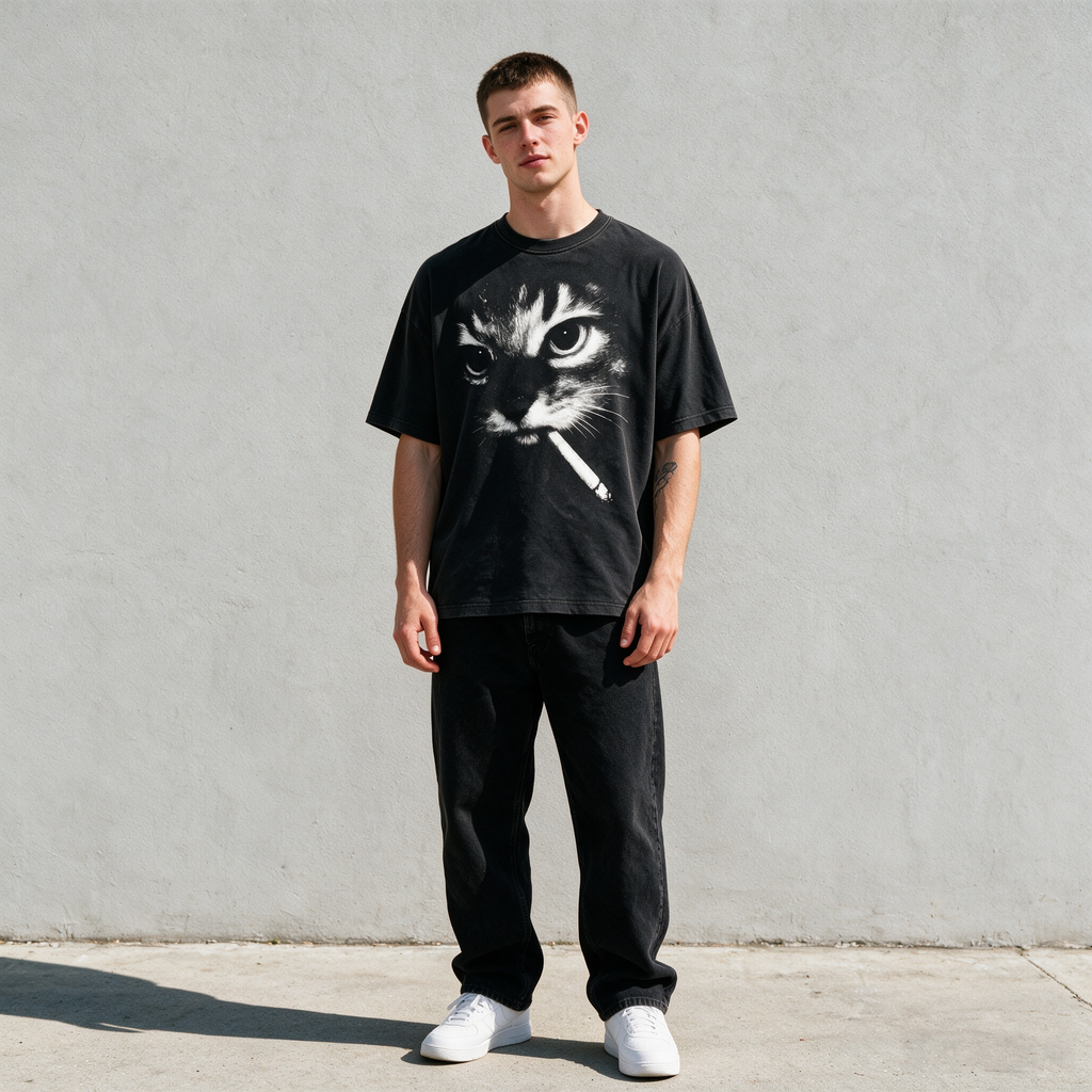 American-style vintage-wash cat print T-shirt; heavyweight pure cotton, oversized loose fit; distinctive high-street retro streetwear top.