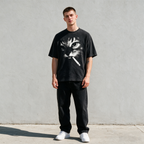 American-style vintage-wash cat print T-shirt; heavyweight pure cotton, oversized loose fit; distinctive high-street retro streetwear top.