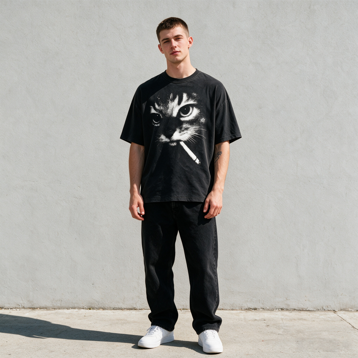 American-style vintage-wash cat print T-shirt; heavyweight pure cotton, oversized loose fit; distinctive high-street retro streetwear top.