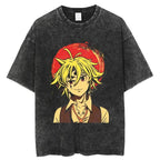 Harajuku Cotton Tshirt Summer Short Sleeve Vintage Tops Tees Men Streetwear Black Washed T-Shirt Anime Printed T Shirt Menswear Distressed