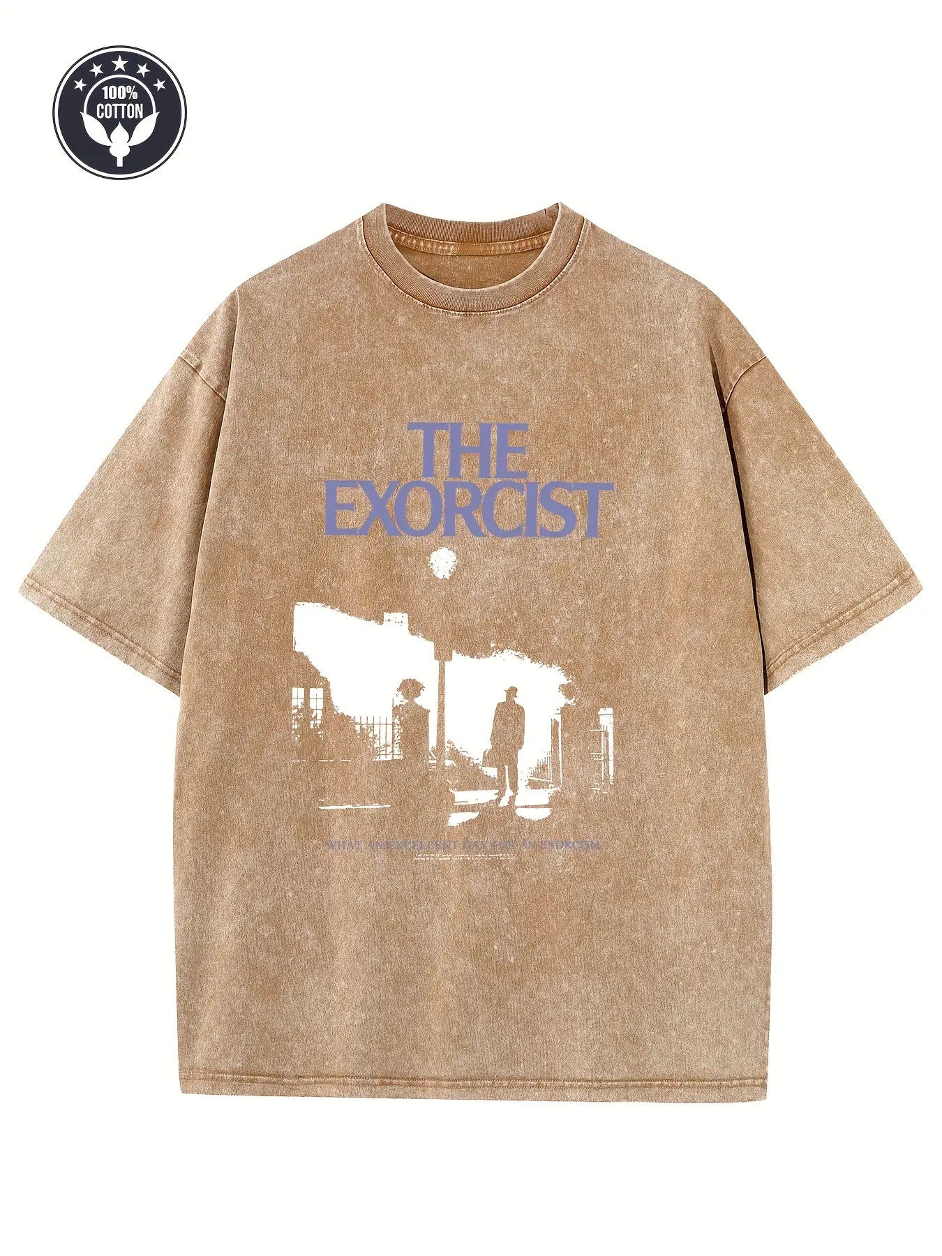 Men'S and Unisex Heavyweight 250g Retro Washed "The Exorcist" Movie Graphic Print T-Shirt | Brown and Blue, Soft Drop Shoulder Cut, Crew Neck, Machine Washable, Suitable for Daily Wear, Parties, Movie Fans, All-Season1:1