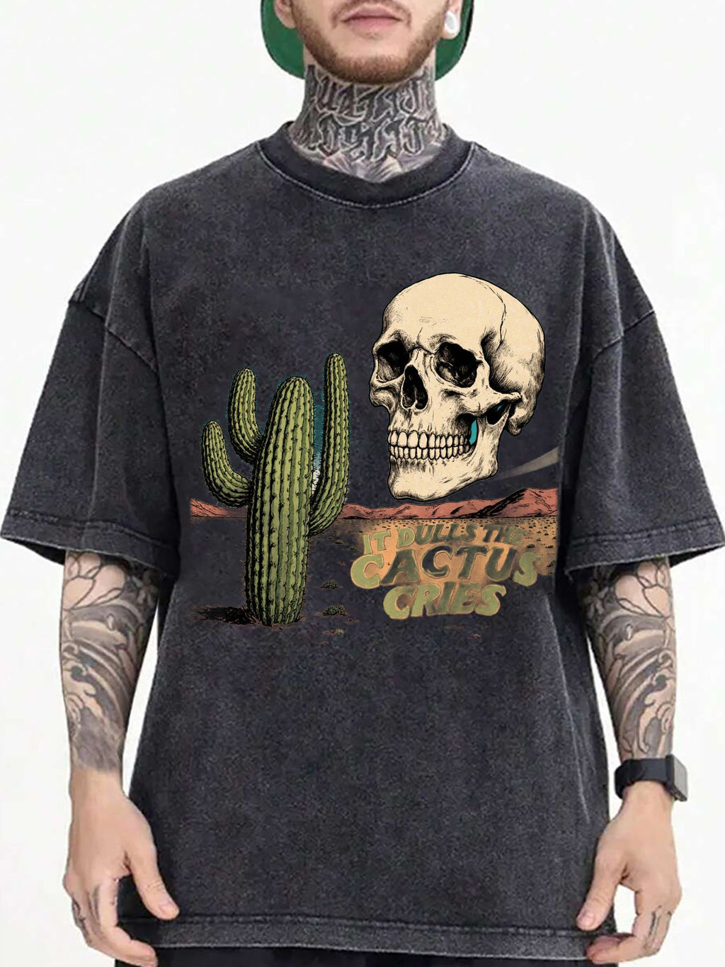 Men'S 100% Vintage Washed Black T-Shirt | Distressed Acid Wash Desert Skull & Crying Cactus Pattern "When the Cactus Cries", Loose Fit Drop Shoulder Crew Neck, Breathable Casual Street Style Shirt for Men1:1