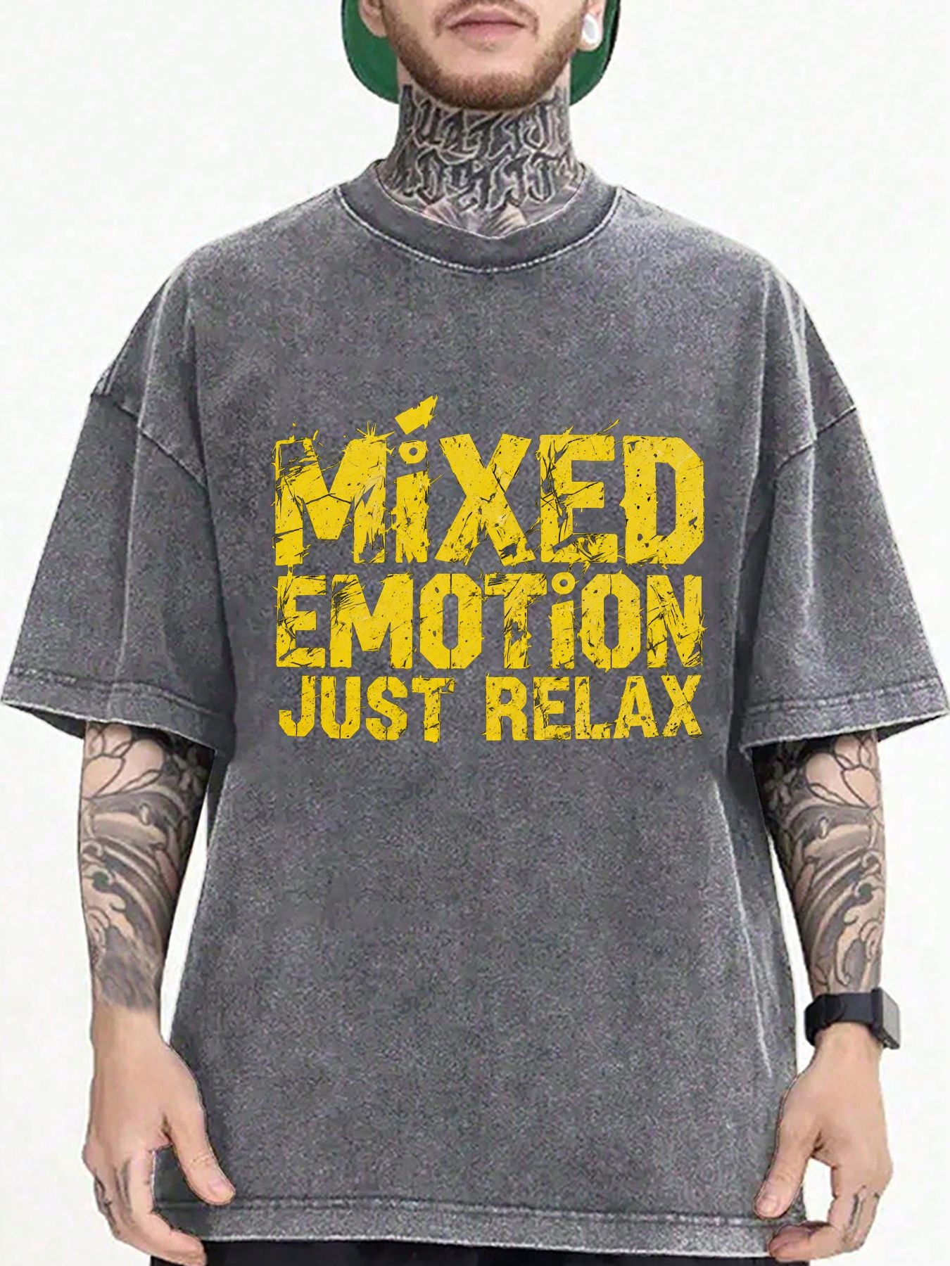 Men's 100% Cotton Oversized Vintage T-Shirt with Distressed Yellow Trash Print & Soft Washed Black Crew Neck - Loose Hip-Hop Streetwear Style Casual Shirt, Yellow Graphic Tee for all-Season