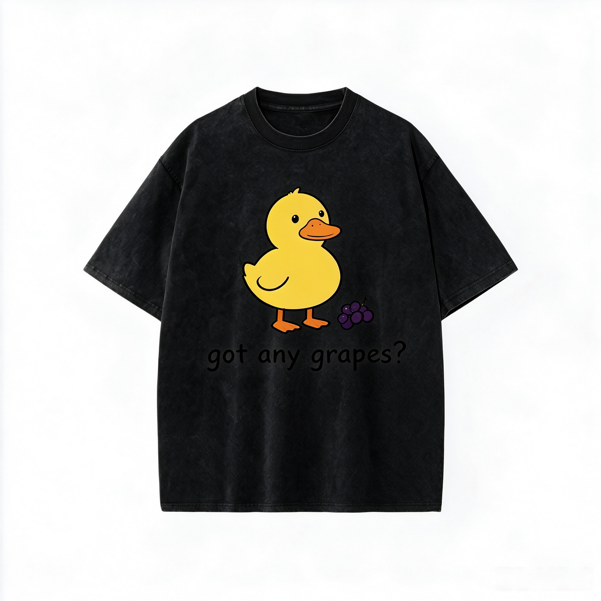 Vintage-style washed cotton T-shirt for women; features a cute graphic of a little yellow duck with grapes and playful English text; designed with a relaxed, drop-shoulder fit and short sleeves.