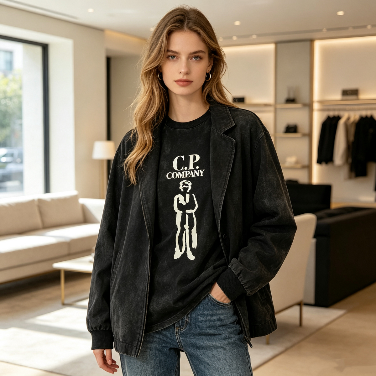 Women's American Streetwear Style Washed Black T-Shirt – Distressed Finish, "C.P." Letter & Portrait Print, Oversized Drop-Shoulder Fit