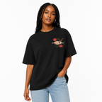 Women's Oversized Streetwear T-Shirt: Washed-Finish Pure Cotton with "Old School" Tattoo-Style Double-Sided Print (Rose, Dagger, and Handshake Motif)