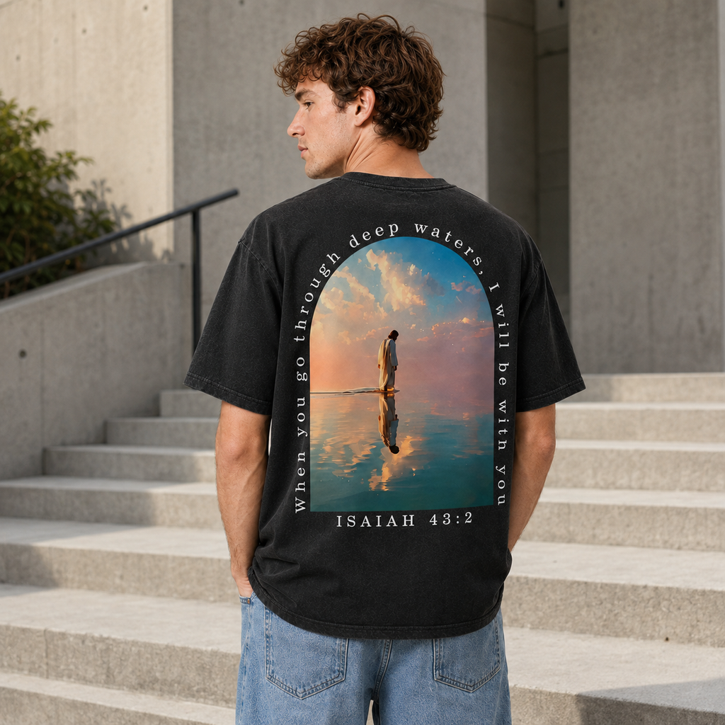 Vintage 100% Cotton "Isaiah" Faith T-Shirt – Men's Loose-Fit, Drop-Shoulder Short-Sleeve Tee Featuring a Cross on the Front and a Scenic Print of Jesus by the Lake on the Back