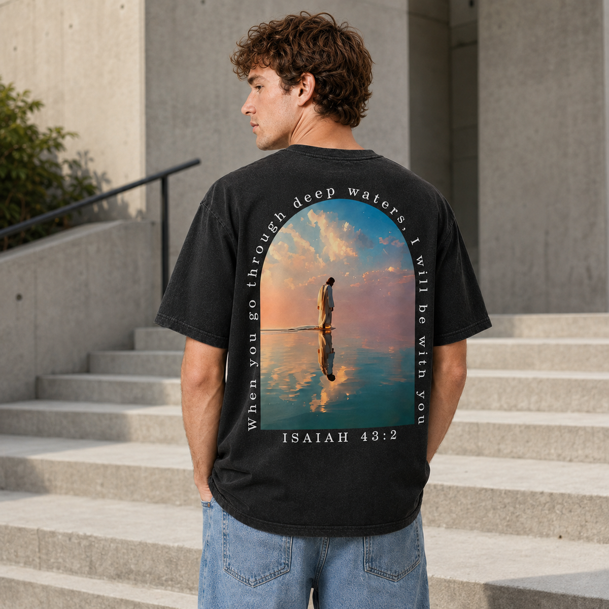 Vintage 100% Cotton "Isaiah" Faith T-Shirt – Men's Loose-Fit, Drop-Shoulder Short-Sleeve Tee Featuring a Cross on the Front and a Scenic Print of Jesus by the Lake on the Back
