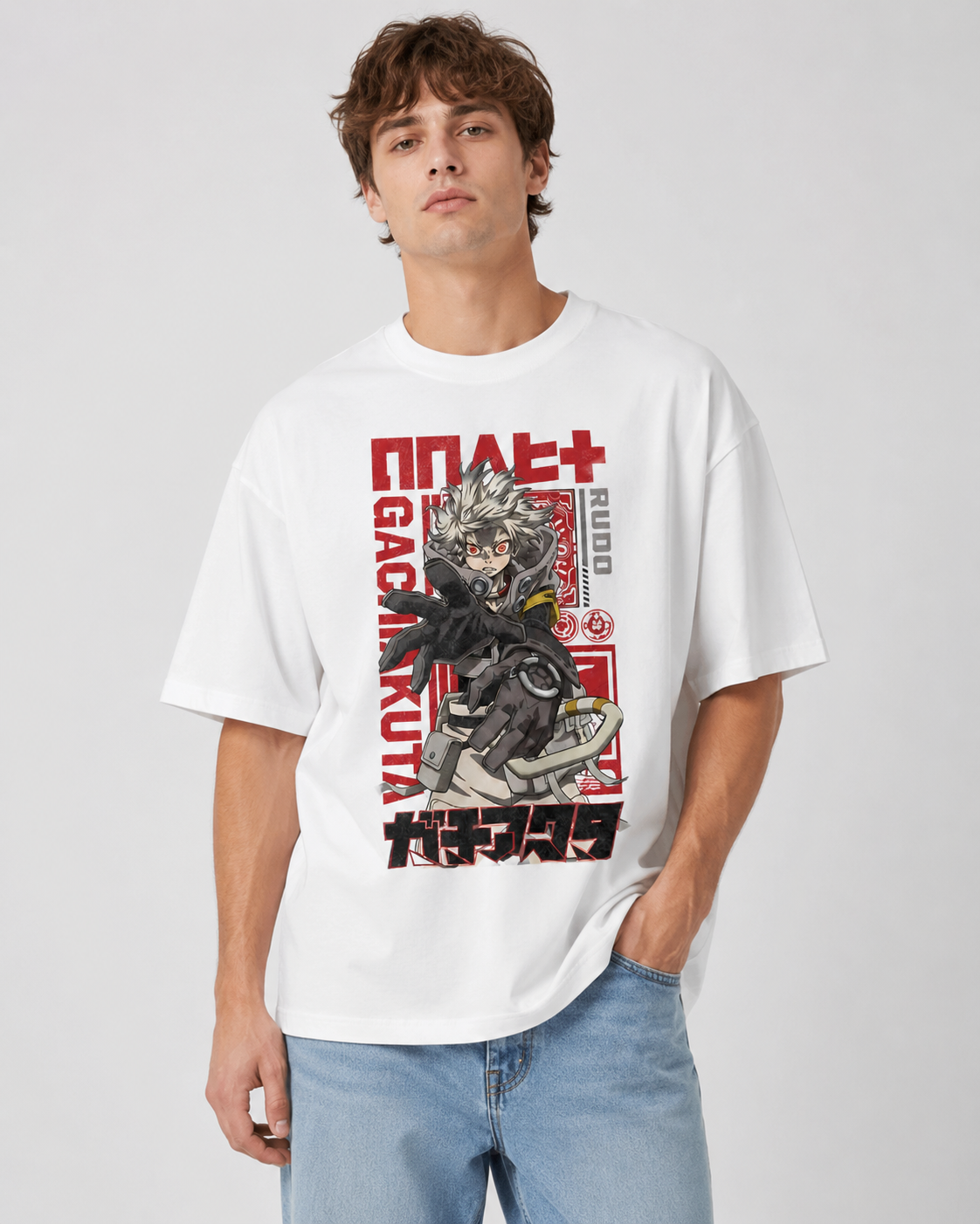 Heavyweight Acid-Washed Oversized T-Shirt – Vintage-Style "Rudo" Anime Graphic (Unisex)