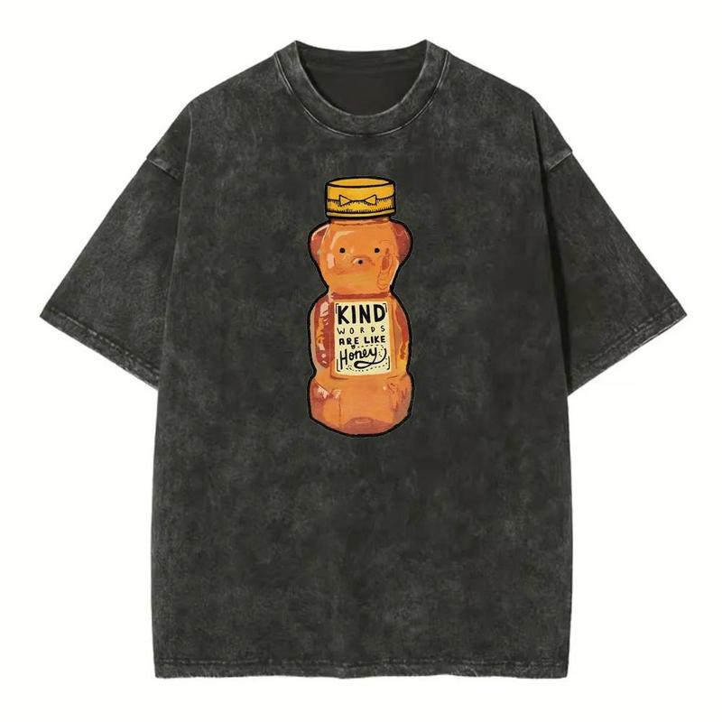 Kind Words Are Like Honey Unisex Vintage Washed Crew Neck Tee Regular Fit Casual Comfort Breathable Short Sleeve Funny T-shirts for Summer Fashion Men&Women's Top for Daily Wear 080805