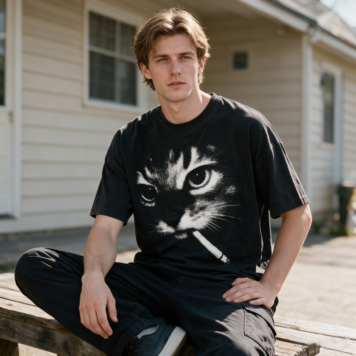American-style vintage-wash cat print T-shirt; heavyweight pure cotton, oversized loose fit; distinctive high-street retro streetwear top.
