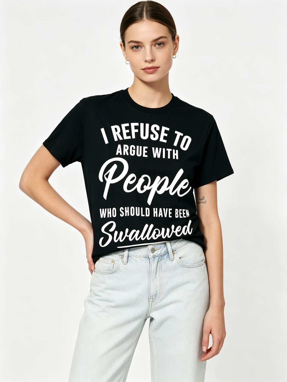 Women's Black Oversized Cotton Short-Sleeve T-Shirt – "I REFUSE TO ARGUE" (Witty Slogan Print / American-Style Humorous Text / Casual Style)