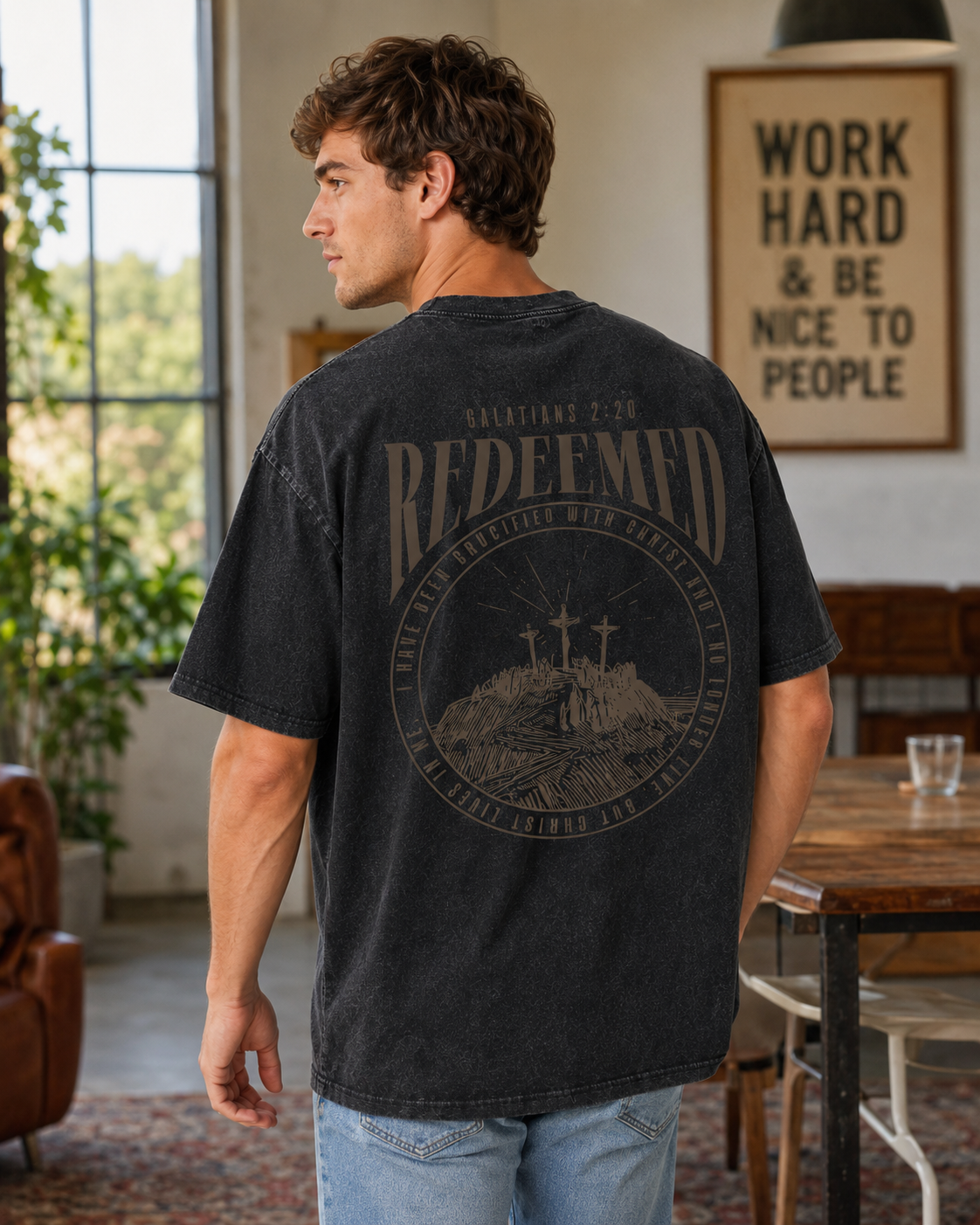 American-style acid-washed distressed short-sleeved shirt with Galatians verse and cross print on the front and back. Heavy wash, oversized, unisex religious T-shirt.