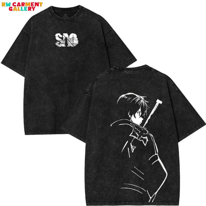 Retro Limited Kirito SAO Sword Art Online Anime Double-Sided Printed Vintage Oversized Washed Graphic T-Shirt, Casual Y2K Oversize Anime Manga Acid Wash Graphic Tee, Unisex Cotton Streetwear Otaku Top Fit, Gift For Fan Anime Lover