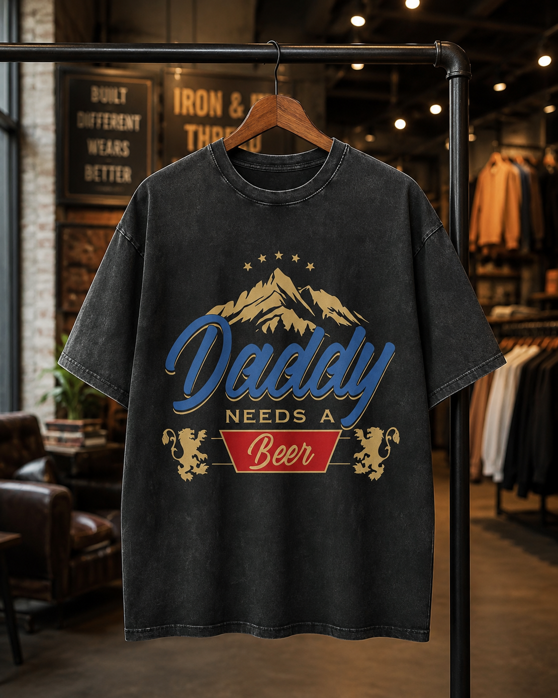 American-style vintage "dirty-wash" T-shirt with a fun slogan; features a distressed, faded finish—a versatile, casual short-sleeve top perfect for Father's Day.