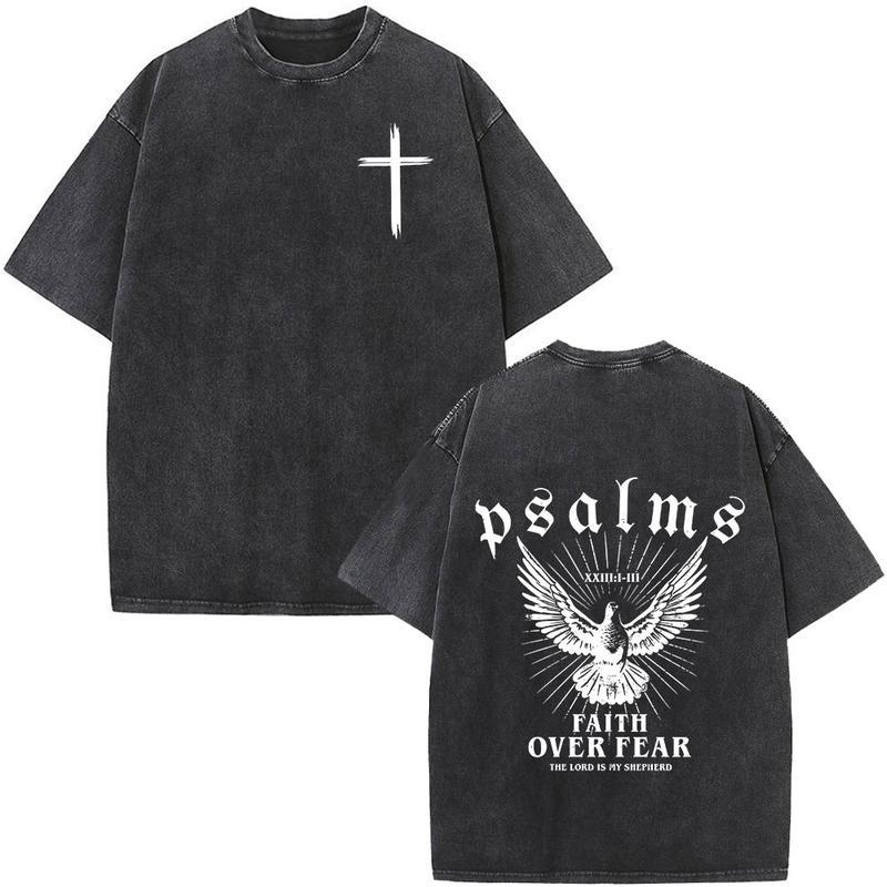 Christian Jesus Faith Over Fear Bible Verse Washed Tee Men Women Fashion Vintage Oversized T Shirts Harajuku Cotton T-shirt