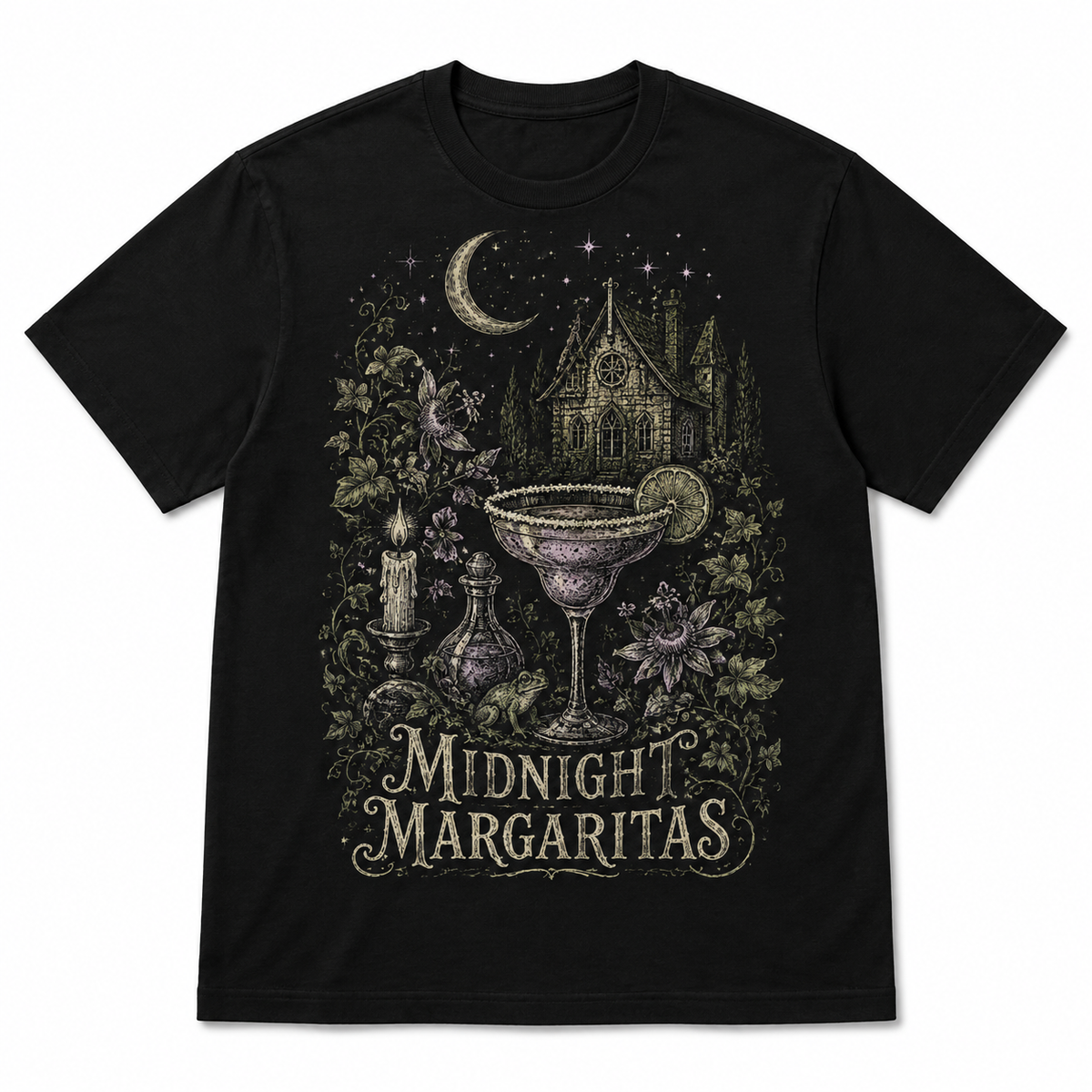 Women's Loose Oversized Washed-Finish Cotton T-Shirt with Dark Retro "Midnight Margarita" Print