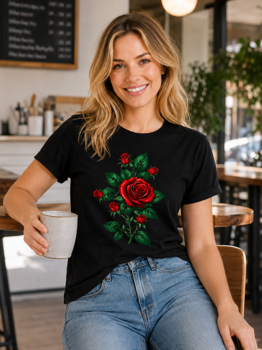 Women's Pure Cotton Short-Sleeve T-Shirt – Vintage Red Rose Floral Print, Crew Neck, Loose Casual Top