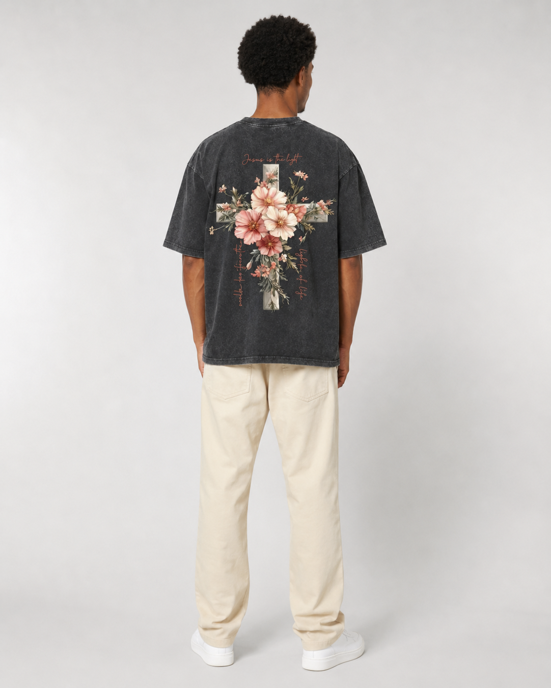 Vintage-Wash Short-Sleeve T-Shirt | "Jesus is the Light" – Oversized, Unisex, Double-Sided Print Featuring a Floral Cross and Faith-Inspired Design