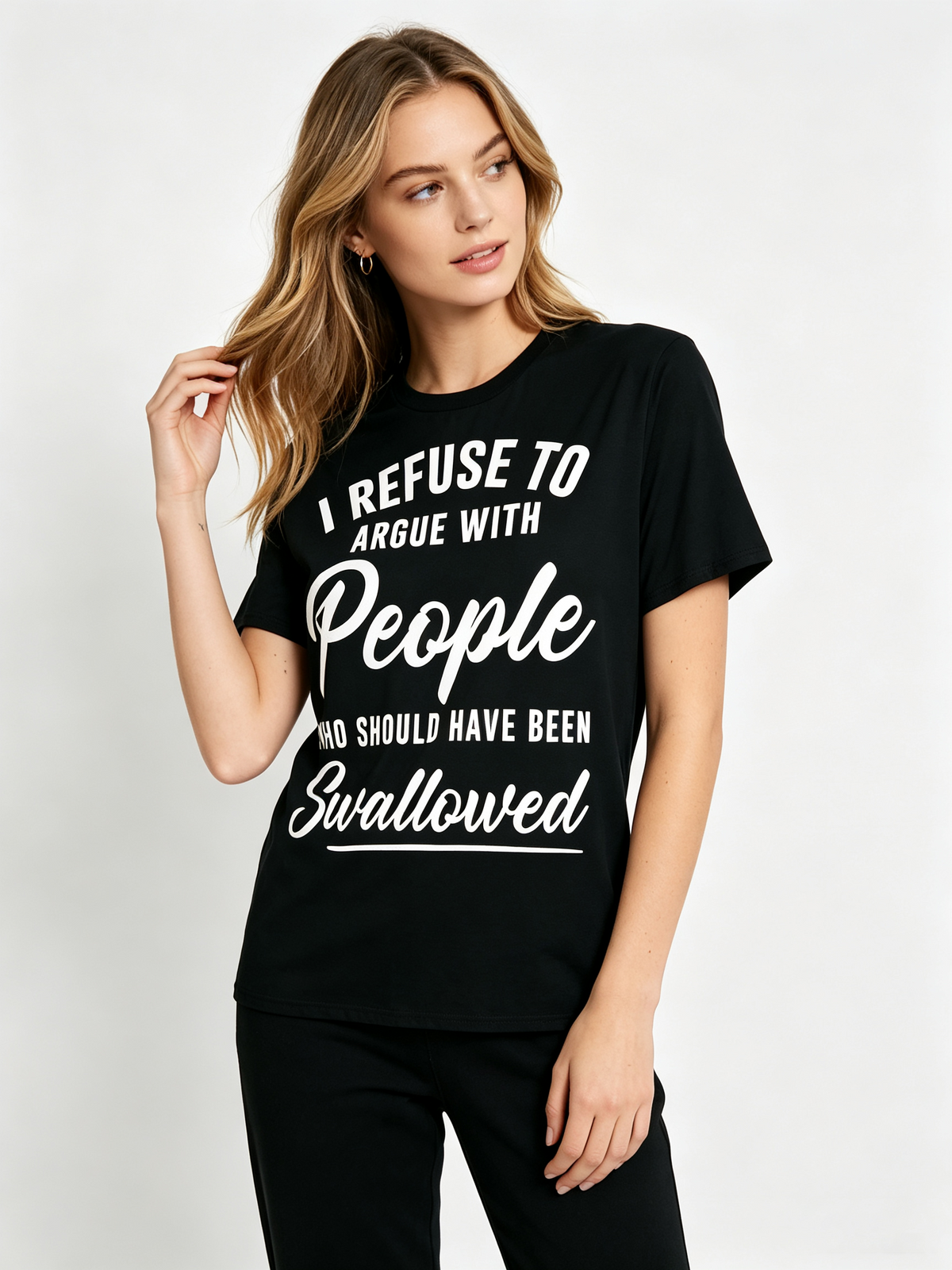 Women's Black Oversized Cotton Short-Sleeve T-Shirt – "I REFUSE TO ARGUE" (Witty Slogan Print / American-Style Humorous Text / Casual Style)