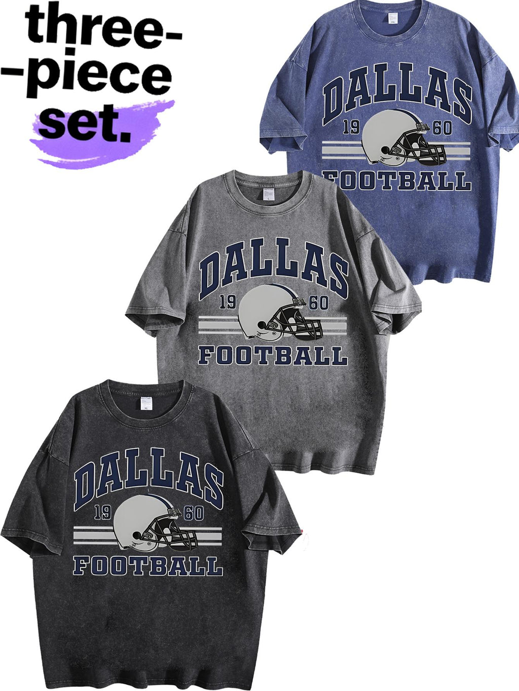Retro Dallas Football Embroidered Mineral Washed T-shirt, Fashionable Dallas Fan Gift, Retro Western Cowboy T-shirt, Dallas Shirt Men's Top 3-Piece Set